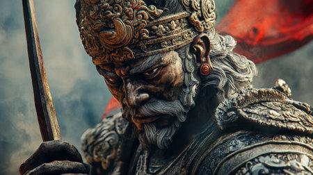 Medieval warrior with a spear in his hands, close-up.の写真素材