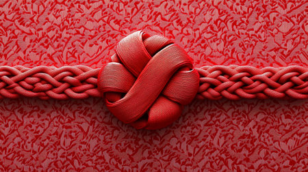 Red decorative knot with braids on a red background. 3d illustrationの写真素材