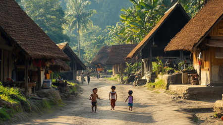 Unidentified local children walking in Bali, Indonesiaの写真素材