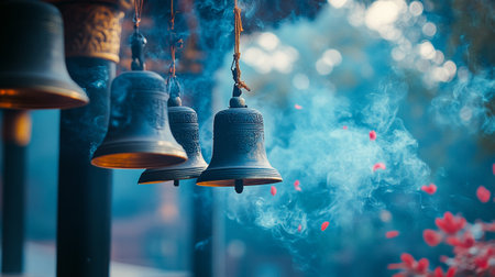 Bells in temple, closeup of bell with smokeの写真素材