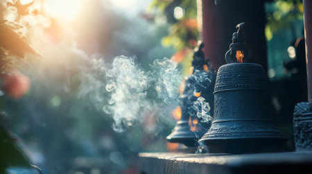 Buddhist temple bell in the morning light. Selective focus.の写真素材