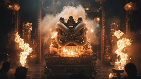 Chinese lion dance on black background, chinese new year concept.の写真素材