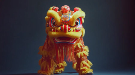 Chinese traditional lion dance on a dark background, closeup of photoの写真素材
