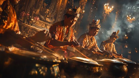 Unidentified people playing traditional Thai drum in Wat Phra Kaew.の写真素材