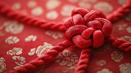 Rope knot on red background, closeup. Rope knotの写真素材