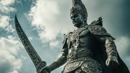 Statue of a warrior with a sword in his hands against a cloudy skyの写真素材