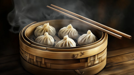Steamed dumplings in bamboo steamer with chopsticks.の写真素材