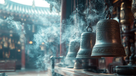 Hanging bells in a temple, Thailand.の写真素材