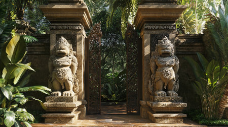 The entrance to the temple with the statue of a guardian in the backgroundの写真素材
