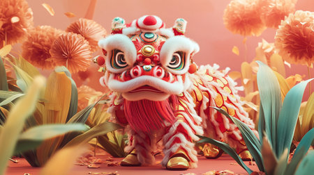 Chinese New Year Decoration, Lion Dance, 3D Renderingの写真素材