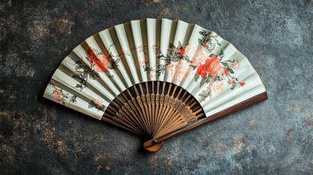 Japanese hand fan on vintage background. Top view. Copy space.の写真素材