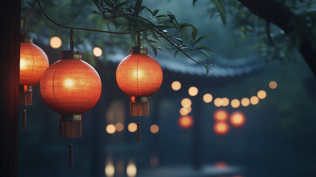 Chinese lanterns in the garden at night,3d rendering.の写真素材