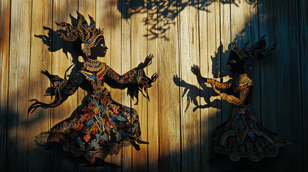 Thai traditional puppet show on wooden wall background,Thailand.の写真素材