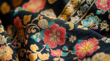 Texture, background, pattern. Silk fabric is black with a red flower patternの写真素材
