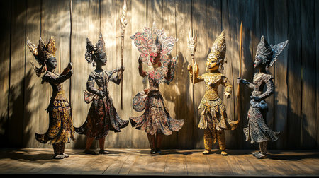 Thai traditional shadow puppets on wooden background,Thailand.の写真素材