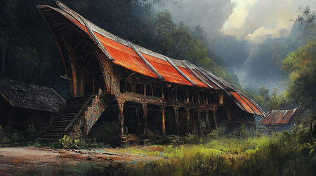 Old abandoned farm building in the middle of the forest. Digital paintingの写真素材