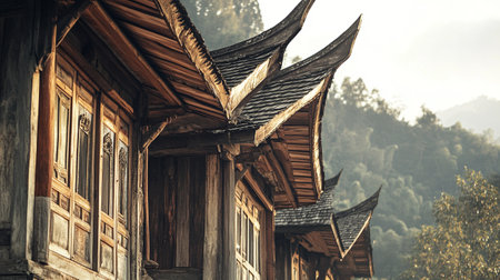 Wooden house in the mountains of China. Beautiful old wooden house.の写真素材