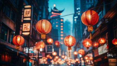 Chinese lanterns on the streets of Shanghai at night, China.の写真素材