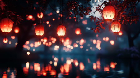 Chinese lanterns in the park at night with reflection in the waterの写真素材