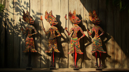 Traditional Thai shadow puppets on a wooden wall background, Thailand.の写真素材