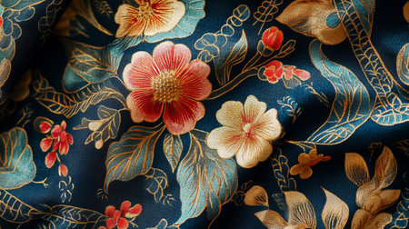 Texture, background, pattern. Fabric silk blue with a pattern of red flowers.の写真素材