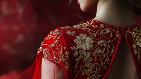 Beautiful woman in a red dress with a pattern on her backの写真素材