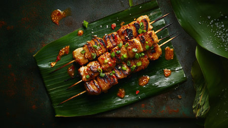 Grilled eel skewer with sweet and sour sauce on banana leafの写真素材