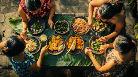 Top view of group of Asian women eating and drinking at the outdoor restaurantの写真素材