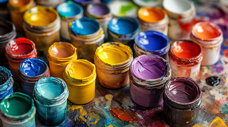 Paints and brushes for drawing on a palette close-up.の写真素材