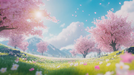 Cherry blossoms on meadow with blue sky and clouds backgroundの写真素材