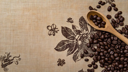 Coffee beans and wooden spoon on fabric background with copy spaceの写真素材