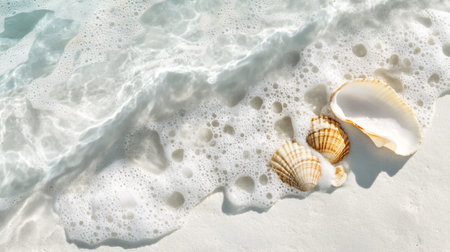 Seashells on white sand with wave. Summer vacation conceptの写真素材