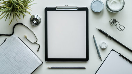 Top view of doctor workspace with blank paper, stethoscope, pen and other items on white backgroundの写真素材