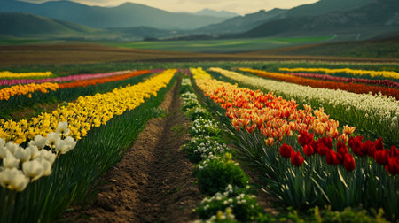 Colorful tulip field in the springtime. Nature background.の写真素材