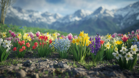 Spring flowers in the meadow with snow-capped mountains in the backgroundの写真素材