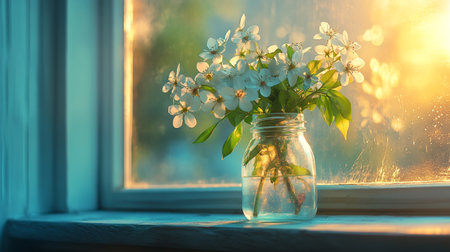 Bouquet of white flowers in a glass jar on the windowsill.の写真素材