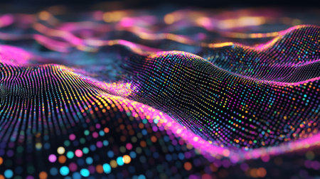 3d rendering of abstract particles in empty space with depth of field and bokeh. Particles form line and surface grid. Futuristic background with depth of field and bokeh.の写真素材