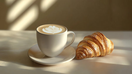 Cup of coffee with croissant on table in morning sunlightの写真素材