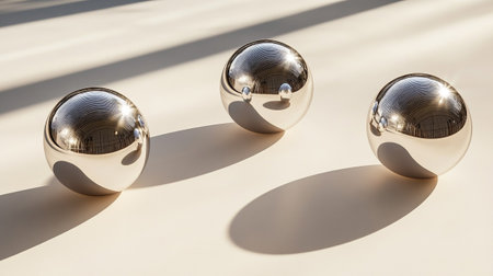 Three metal balls on a light background with shadows. 3d renderの写真素材