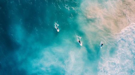 Aerial view of surfers in the sea.の写真素材