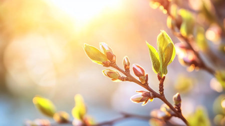 Blossoming branch of a tree on a background of the sunの写真素材