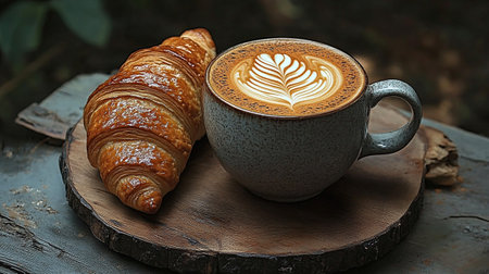 Cup of coffee with croissant on wooden table, closeupの写真素材
