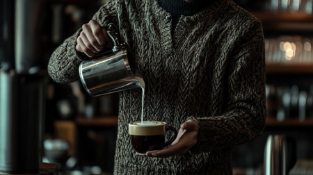 Barista pouring milk from a kettle into a cup of coffee.の写真素材