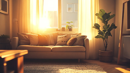 Comfortable sofa with pillows in living room at sunset. Interior designの写真素材