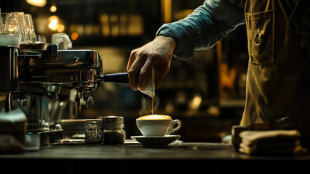 Barista making cappuccino in coffee shop, closeupの写真素材