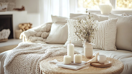 Cozy living room interior with beige sofa, knitted plaid, candles and vase with flowersの写真素材