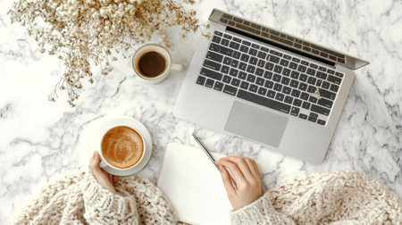 Woman with laptop and cup of coffeele table, top viewの素材