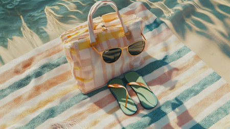Beach bag, flip flops and sunglasses on the beach towelの写真素材
