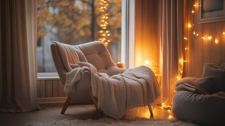 Comfortable armchair with plaid in room decorated with Christmas lightsの写真素材
