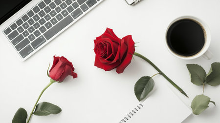 Flat lay of office desk with red rose, laptop and coffee on white backgroundの写真素材